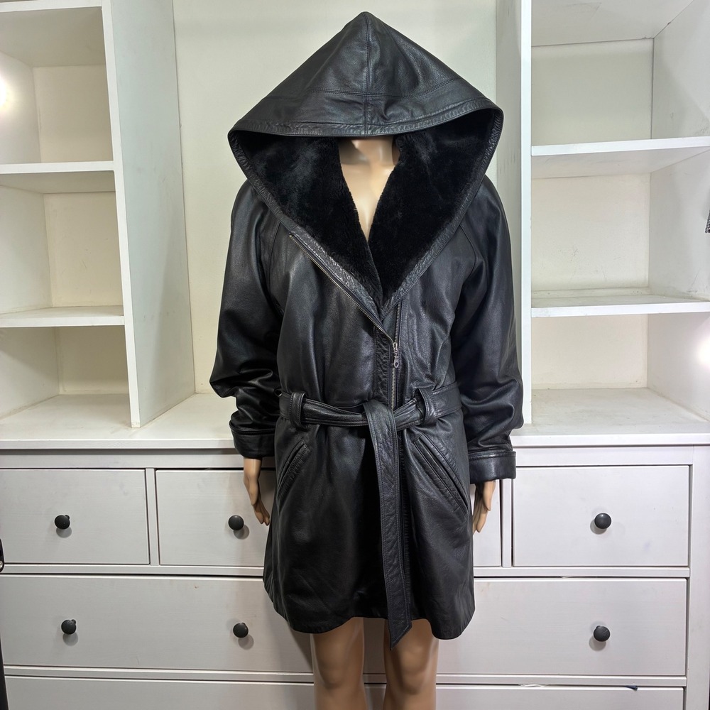 Wilsons Leather Parka Jacket Womens Medium Black Hooded Belted Thinsulate Coat - Picture 1 of 11